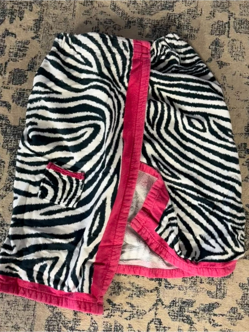 Zebra print towel wrap, terry cloth, with Velcro